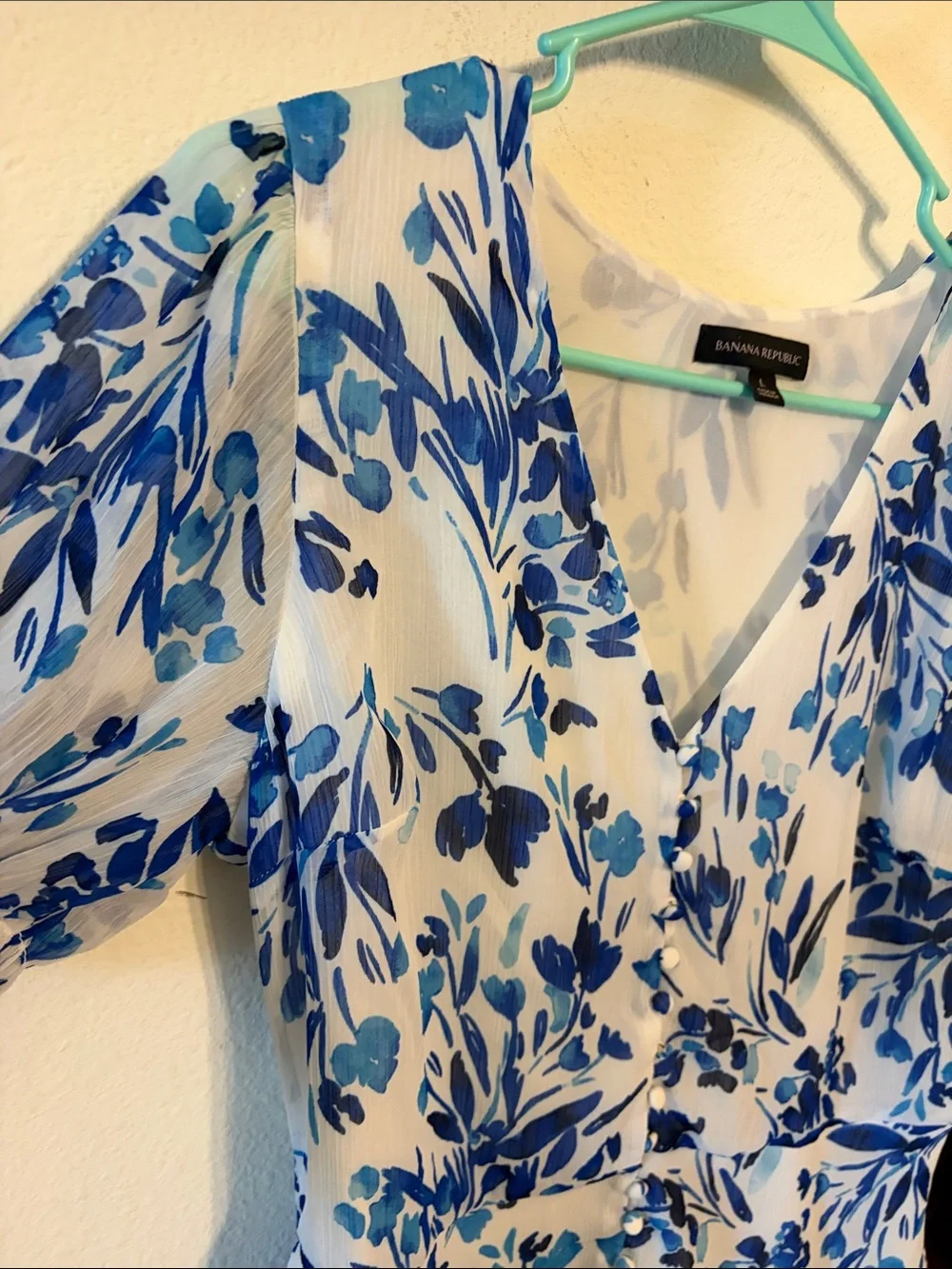 Banana Republic White Blouse with Blue Floral Print